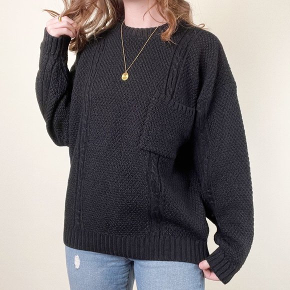Vintage Cable Knit Oversized Wool Cotton Sweater Chunky Cozy Aran Preppy Pocket - Picture 7 of 8